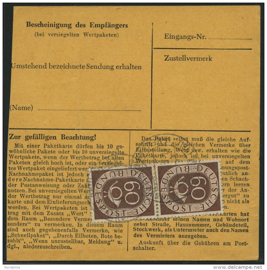 BUNDESREPUBLIK 135 BRIEF, 1954, 60 Pf. Posthorn, 2x Als Mehrfachfrankatur Rückseitig Auf Paketkarte Aus INKOFEN, &u - Oblitérés