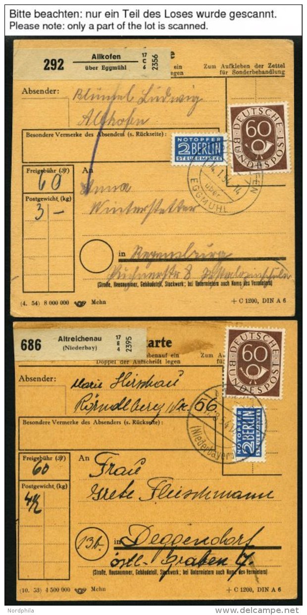 BUNDESREPUBLIK 135 BRIEF, 1954, 60 Pf. Posthorn, 20x Als Einzelfrankatur Auf Paketkarte, Aus Verschiedenen Niederbayrisc - Oblitérés