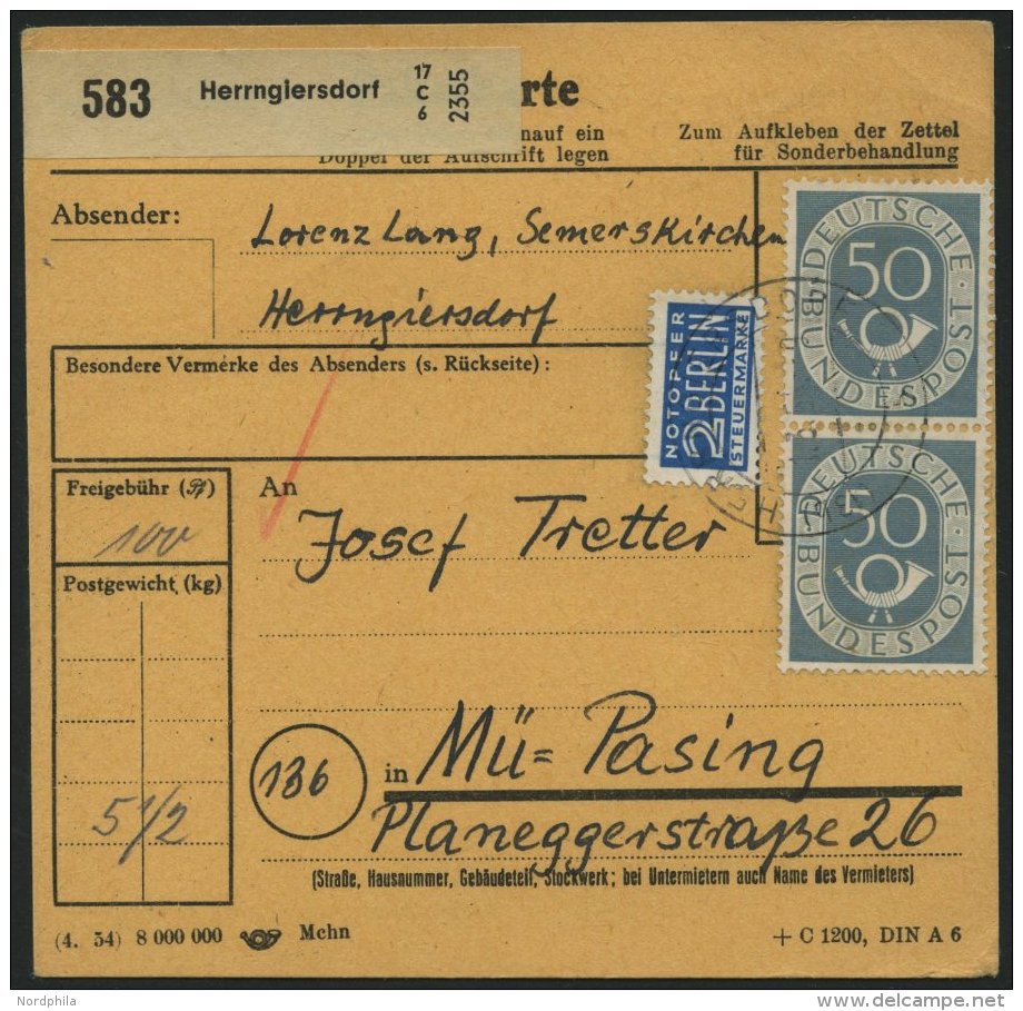 BUNDESREPUBLIK 134 Paar BRIEF, 1954, 50 Pf. Posthorn Im Senkrechten Paar Als Mehrfachfrankatur Auf Paketkarte Aus HERRNG - Oblitérés