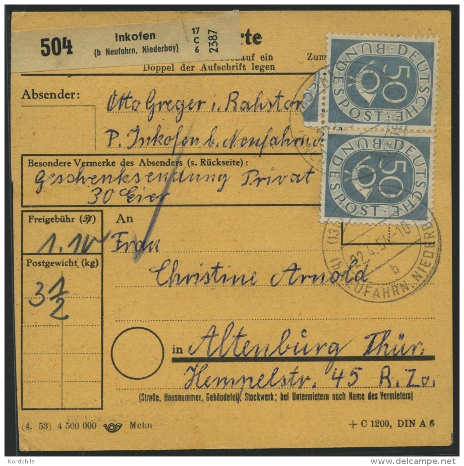 BUNDESREPUBLIK 134 Paar BRIEF, 1954, 50 Pf. Posthorn Im Waagerechten Paar Mit 10 Pf. Zusatzfrankatur Auf Paketkarte Aus - Oblitérés