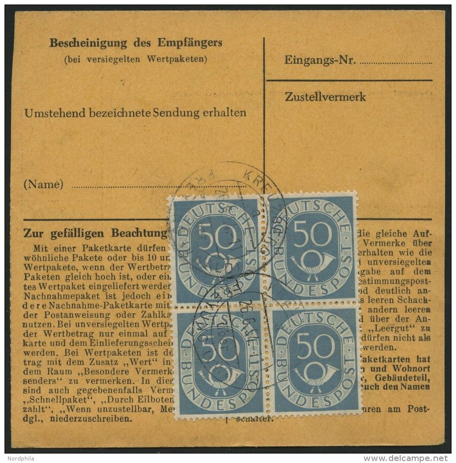 BUNDESREPUBLIK 134 VB BRIEF, 1954, 50 Pf. Posthorn Im Viererblock Rückseitig Mit 20 Pf. Zusatzfrankatur Auf Paketka - Oblitérés