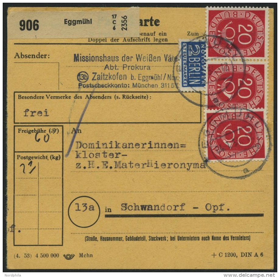 BUNDESREPUBLIK 130 Paar BRIEF, 1954, 20 Pf. Posthorn, 3x, Dabei Ein Waagerechtes Paar, Als Mehrfachfrankatur Auf Paketka - Oblitérés