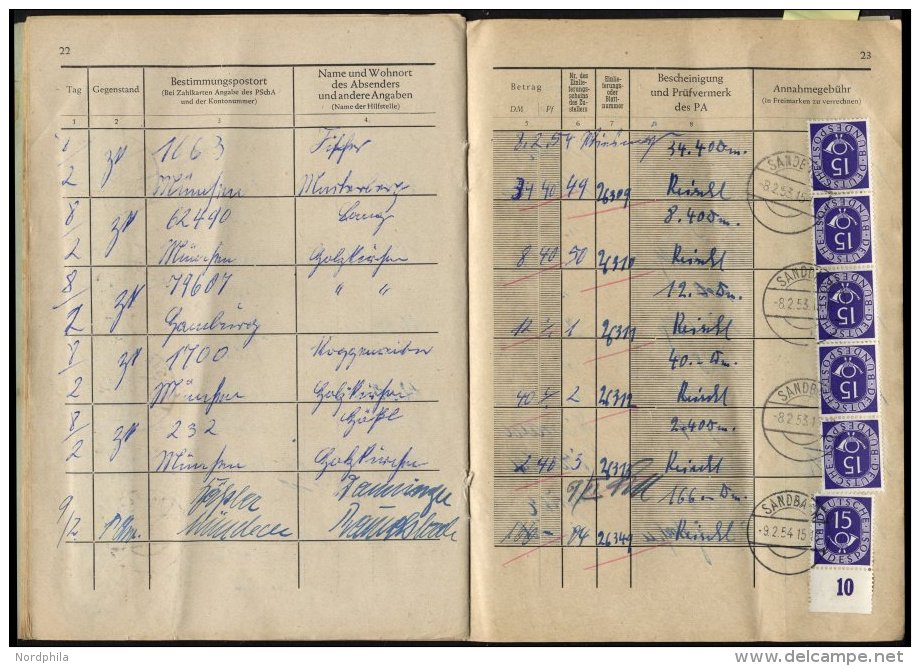 BUNDESREPUBLIK 129 BRIEF, 1953/4, Annahmebuch (Land), Zustellbezirk Nr. I In Sandbach, 32 Seiten Komplett, Die Gebü - Oblitérés