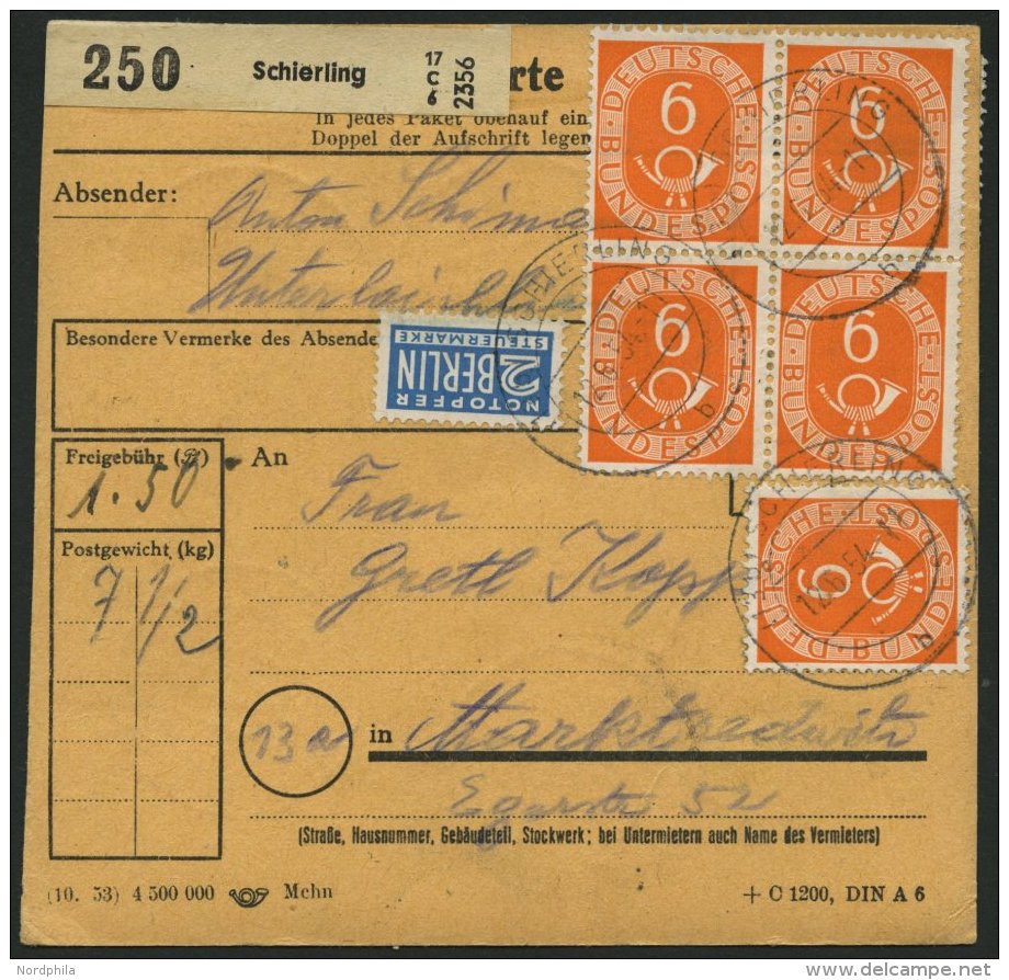 BUNDESREPUBLIK 126 BRIEF, 1954, 6 Pf. Posthorn, 25x Als Seltene Mehrfachfrankatur Vorder- Und Rückseitig Auf Paketk - Oblitérés