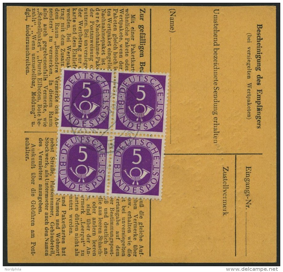 BUNDESREPUBLIK 125 VB BRIEF, 1954, 5 Pf. Posthorn Im Viererblock Rückseitig Mit 90 Pf. Zusatzfrankatur Auf Paketkar - Oblitérés