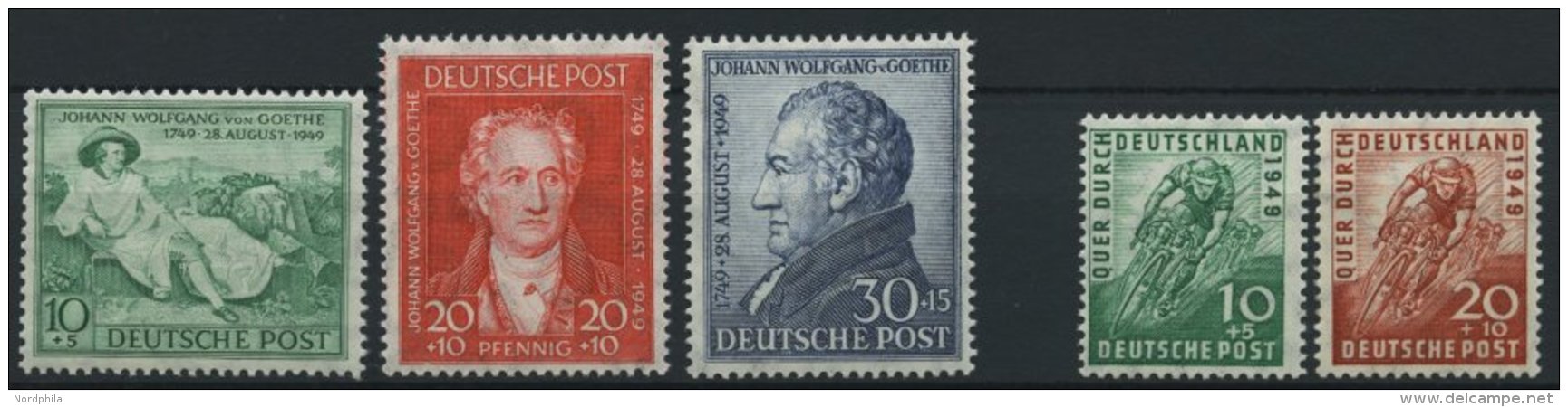 AMERIK. U. BRITISCHE ZONE 106-10 **, 1949, Radrennen Und Goethe, 2 Prachtsätze, Mi. 62.- - Autres & Non Classés