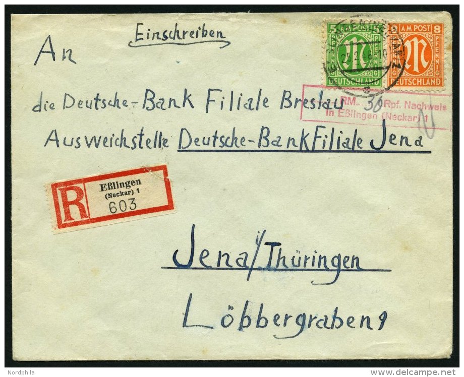 AMERIK. U. BRITISCHE ZONE 3,5 BRIEF, 25.2.1946, 5 Und 10 Pf. AM-Post Auf Einschreibbrief Aus ESSLINGEN Mit Rotem Teil-Ba - Autres & Non Classés