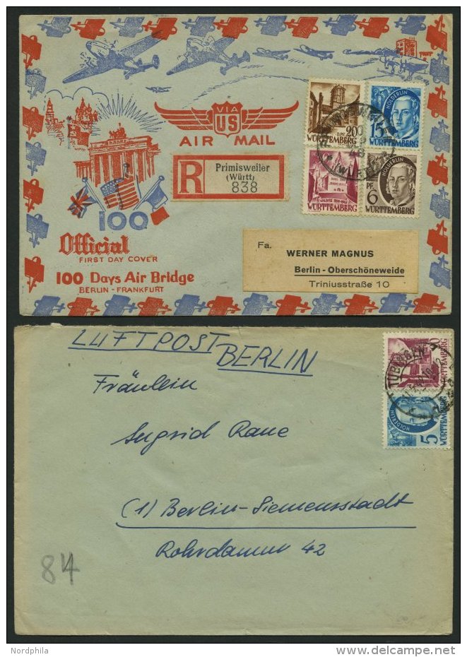 WÜRTTEMBERG 1948, 2 Verschiedene Luftpostbriefe Nach Westberlin, Feinst/Pracht - Autres & Non Classés