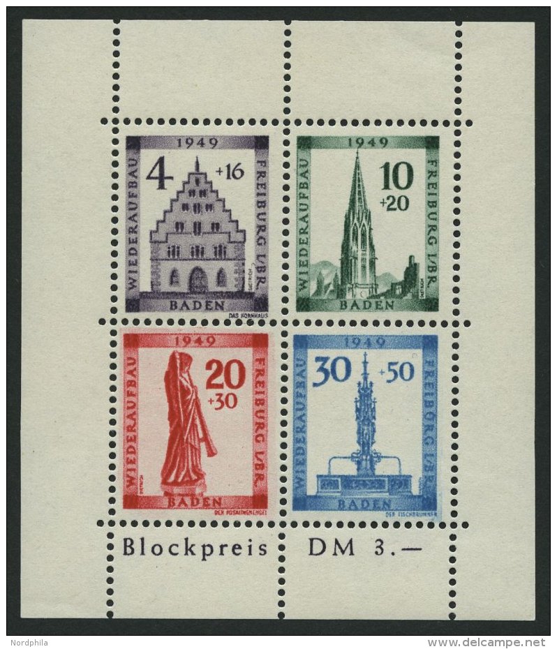 BADEN Bl. 1AIV **, 1949, Block Freiburg, Gezähnt, Mit Abart 4 Pf. Mit Schleife Links Unten Am B Von I./BR. Und 30 P - Altri & Non Classificati
