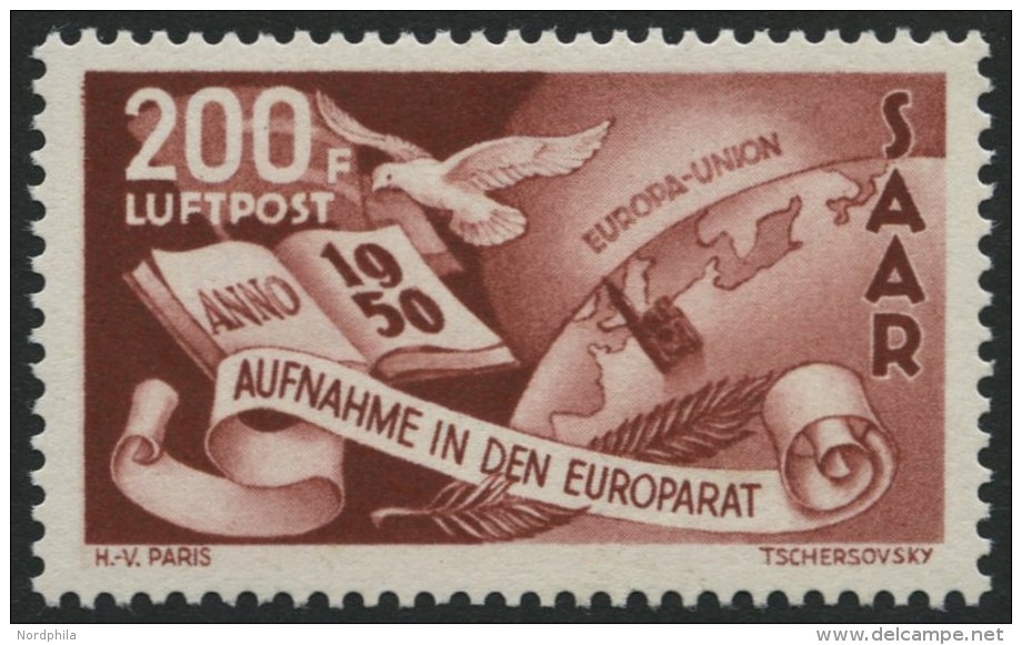 SAARLAND 298 **, 1950, 200 Fr. Europarat, Pracht, Mi. 180.- - Autres & Non Classés