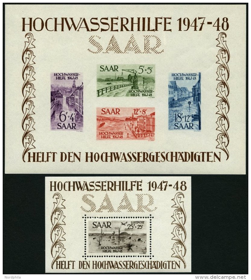 SAARLAND Bl. 1/2 **, 1948, Blockpaar Hochwasserhilfe, Pracht, Fotoattest Chritine Ney, Mi. 1600.- - Altri & Non Classificati