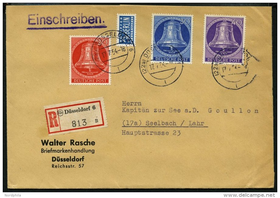 BERLIN 103-05 BRIEF, 1953, 20 - 40 Pf. Glocke Mitte Auf Einschreibbrief Aus Düsseldorf, Pracht - Oblitérés