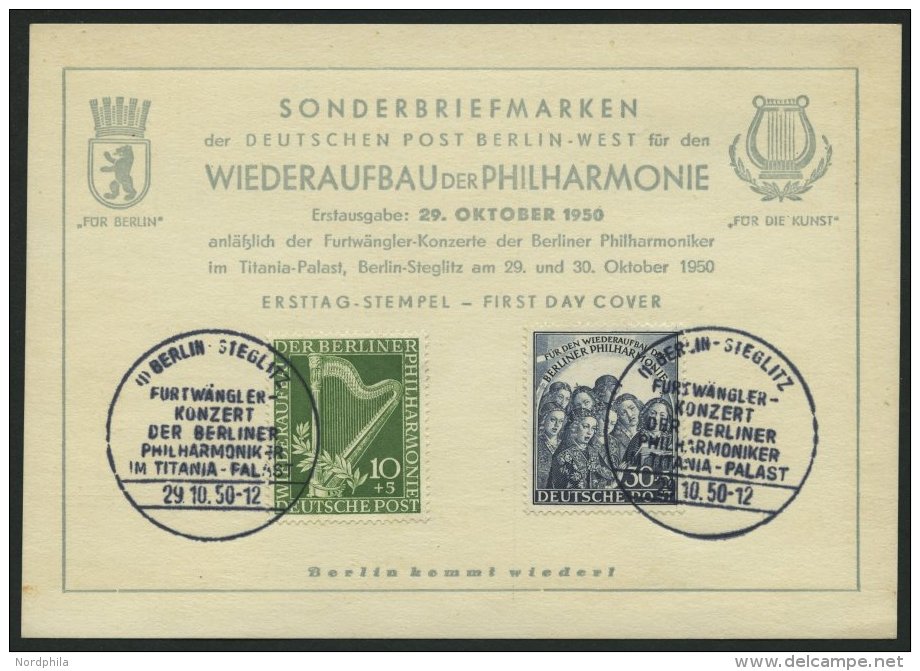 BERLIN 72/3 BRIEF, 1950, Philharmonie Auf Ersttagskarte, Pracht - Oblitérés