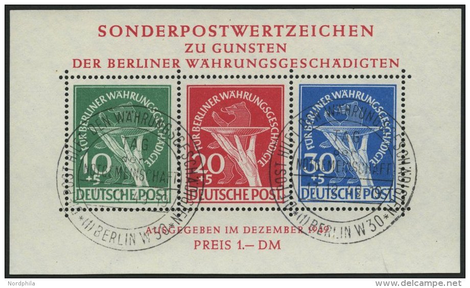 BERLIN Bl. 1II O, 1949, Block Währungsgeschädigte, Beide Abarten, Ersttagssonderstempel, Pracht, Gepr. Schlege - Oblitérés