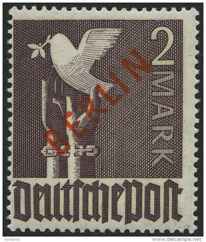 BERLIN 34 **, 1949, 2 M. Rotaufdruck, Normale Zähnung, Pracht, Gepr. U.a. H.D. Schlegel, Mi. 300.- - Oblitérés