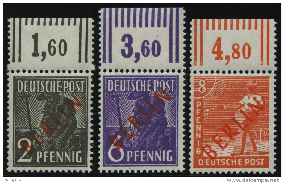 BERLIN 21-23WOR **, 1949, 2, 6 Und 8 Pf. Rotaufdruck, Walzendruck, Oberrandstücke, 3 Prachtwerte, Gepr. D. Schlegel - Oblitérés
