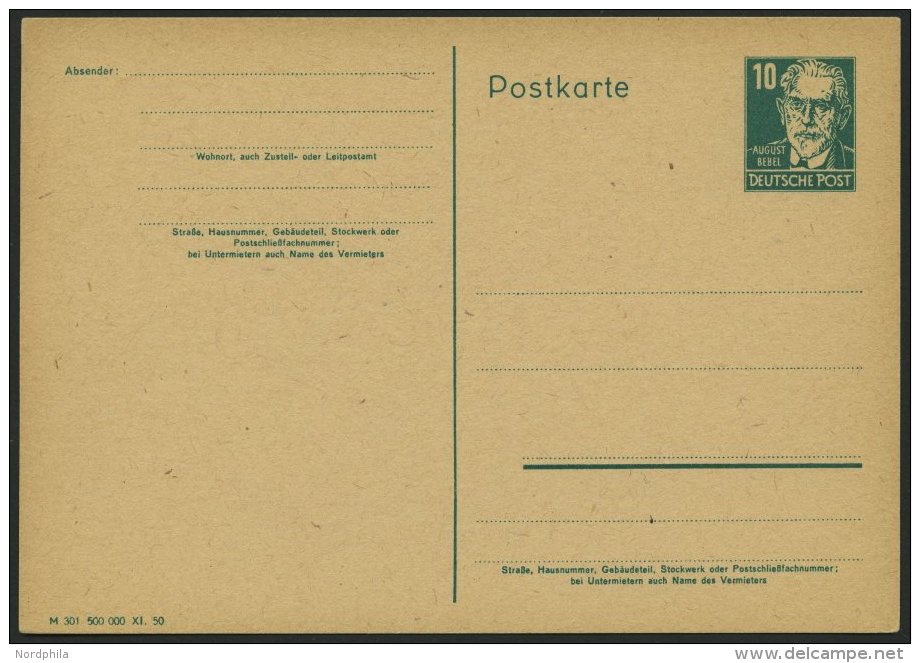 GANZSACHEN P 40/01 BRIEF, 1950, 10 Pf. Bebel Mit Druckereivermerk M 301 500 000 XI.50, Ungebraucht, Pracht, Mi. 50.- - Autres & Non Classés