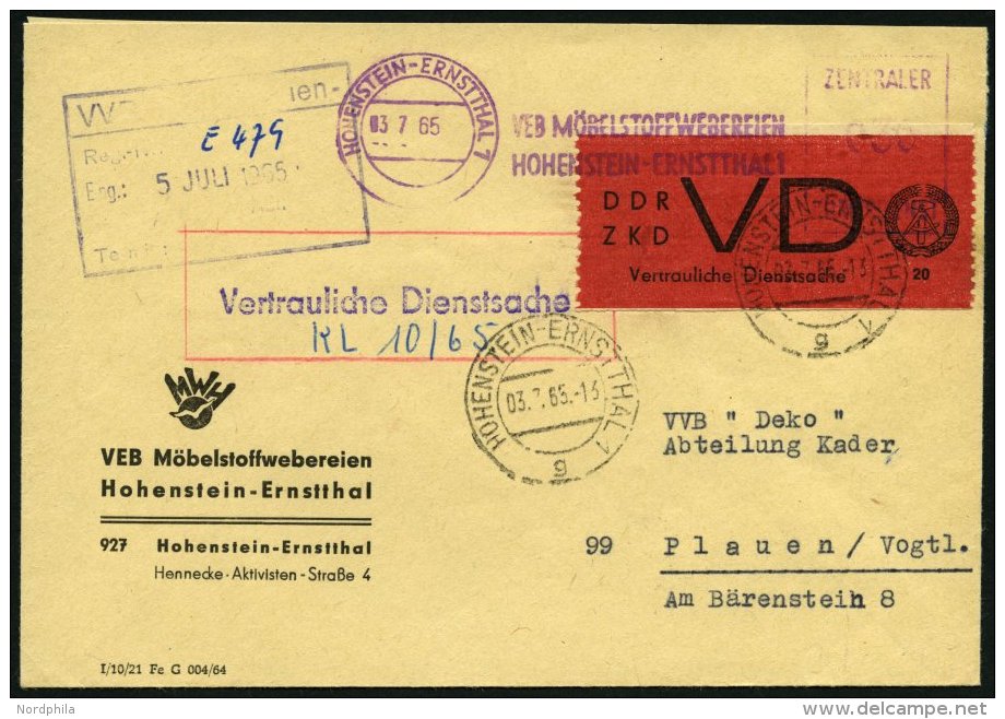 DIENSTMARKEN D VD 1A BRIEF, 1965, 20 Pf. Bräunlichrot/schwarz, Gezähnt 91/2, Auf Brief Aus HOHENSTEIN-ERNSTTHA - Autres & Non Classés