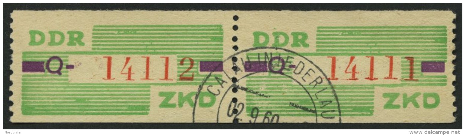 DIENSTMARKEN B D 24Q Paar O, 1959, 10 Pf. Smaragdgrün/braunviolett/rot, Buchstabe Q, Im Waagerechten Paar, Pracht, - Autres & Non Classés