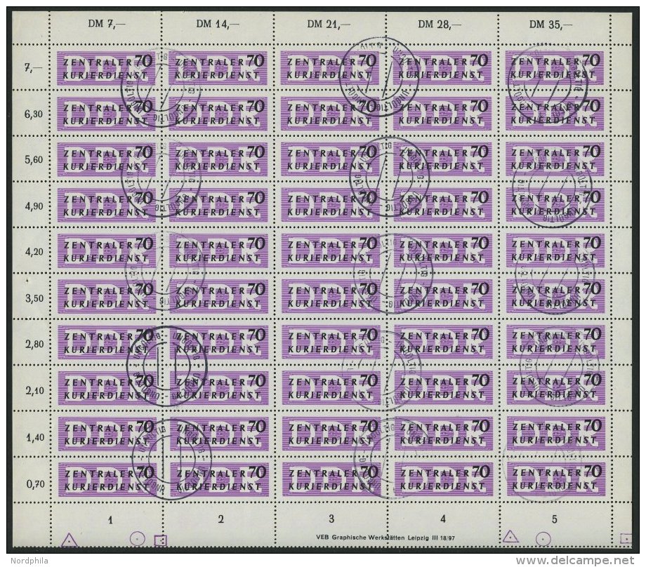 DIENSTMARKEN B D 9L O, 1956, 70 Pf. ZKD Im Vollständigen Bogen (50) Mit Druckvermerk Und Abart 9I, Stempel Ung&uuml - Autres & Non Classés