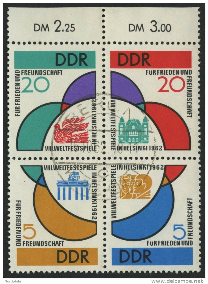 DDR 901-04 VB O, 1962, Weltfestspiele Im Viererblock Mit Tagesstempel, Pracht, Mi. 70.- - Oblitérés