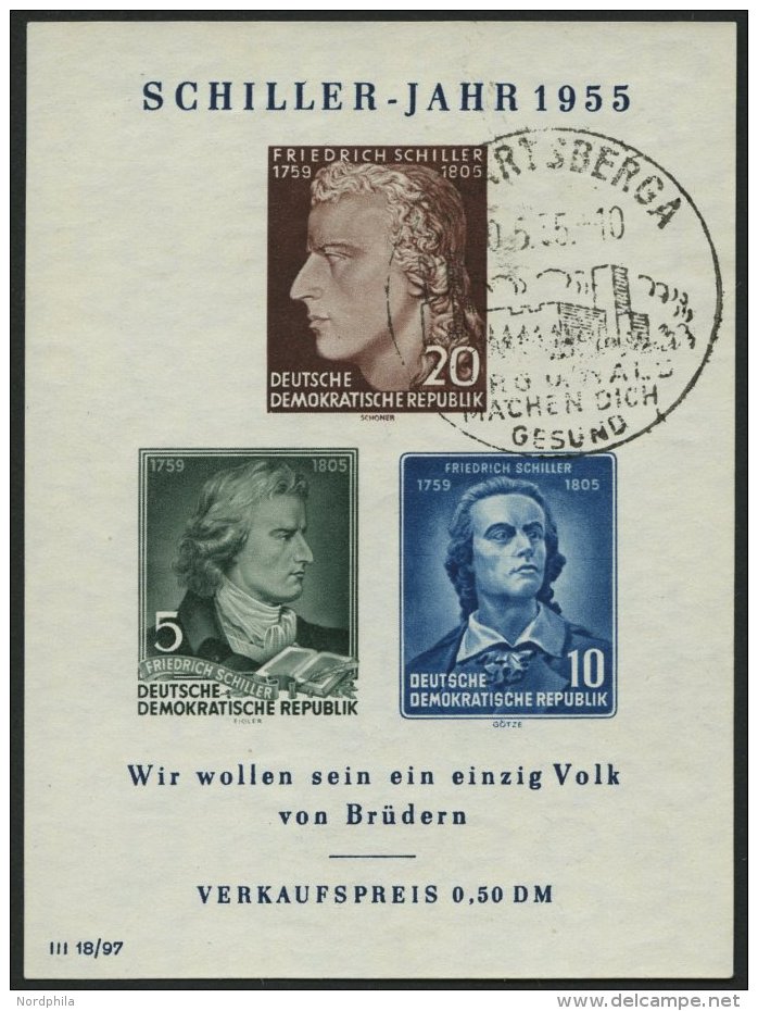 DDR Bl. 12IX O, 1955 Block Schiller Mit Abart Vorgezogener Fußstrich Bei J, Zusätzlich Waagerechter Strich Du - Oblitérés