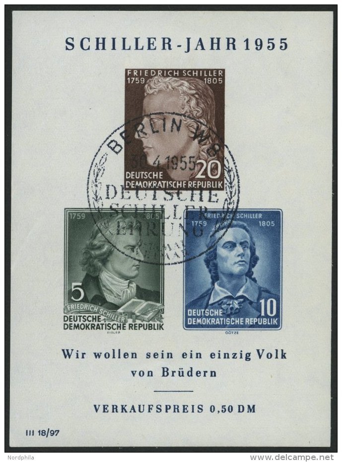 DDR Bl. 12IV O, 1955, Block Schiller Mit Abart Vorgezogener Fußstrich Bei J, Ersttags-Sonderstempel, Pracht, Mi. 1 - Oblitérés