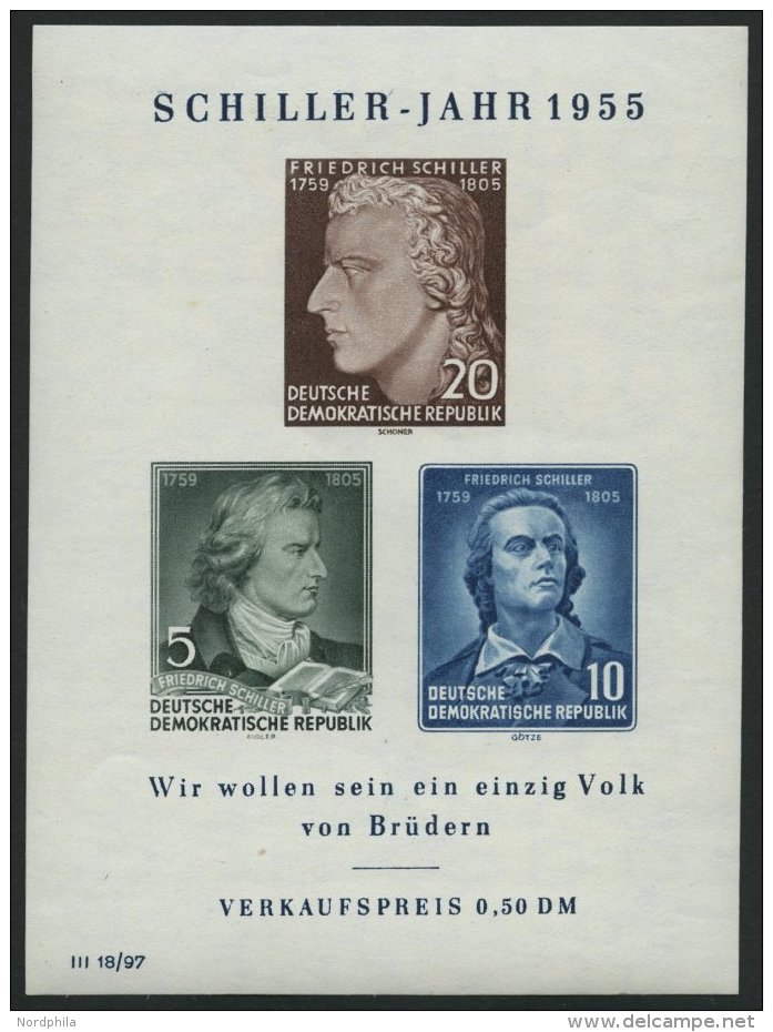 DDR Bl. 12IV **, 1955, Block Schiller Mit Abart Vorgezogener Fußstrich Bei J, Pracht, Mi. 80.- - Oblitérés
