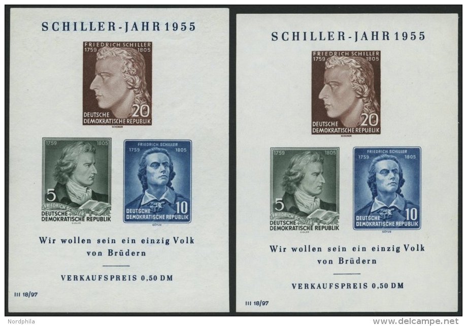 DDR Bl. 12I/II **, 1955, Block Schiller, Beide Wasserzeichen, 2 Prachtblocks, Mi. 54.- - Oblitérés