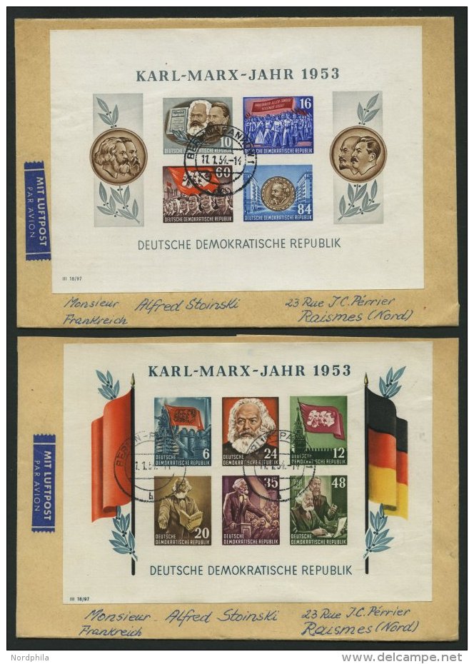 DDR Bl. 8/9BYI BRIEF, 1953, Marx-Blocks, Ungezähnt, Wz. 2YI, Je Auf Lufpostbrief Nach Frankreich, Feinst - Oblitérés