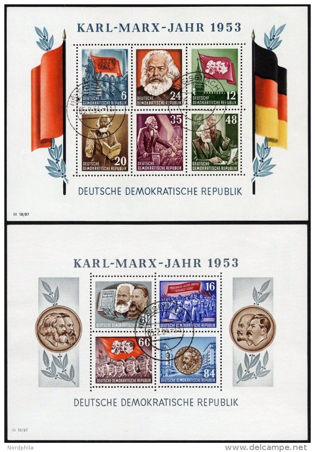 DDR Bl. 8/9A/B O, 1953, Marx-Blocks (4), Pracht, Gepr. Schönherr, Mi. 850.- - Oblitérés