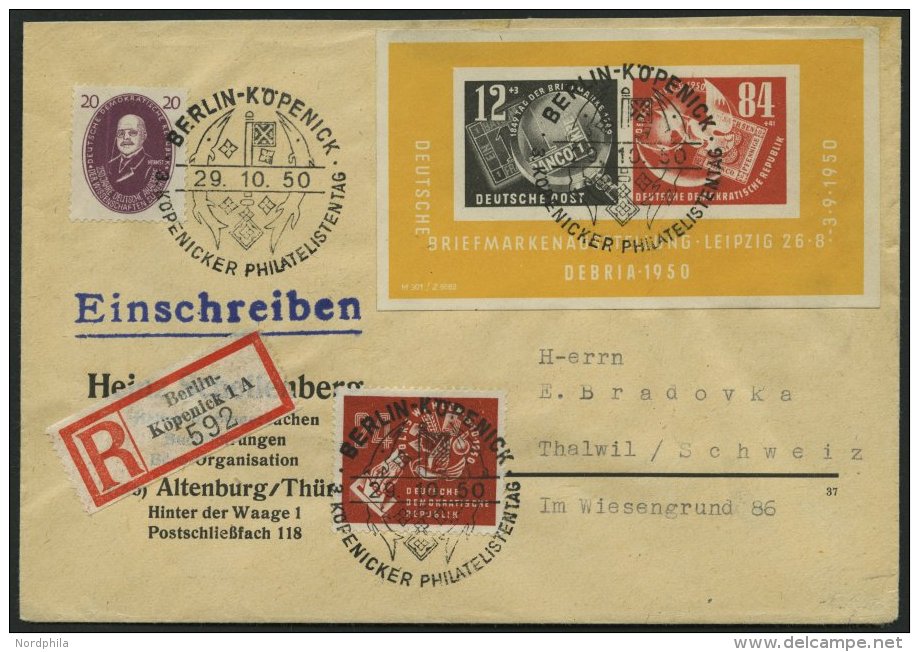 DDR Bl. 7 BRIEF, 1950, Block Debria Mit Zusatzfrankatur Auf Einschreibbrief In Die Schweiz, Pracht - Oblitérés