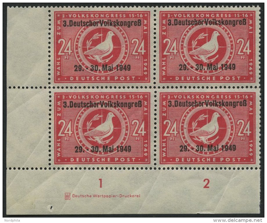 ALLGEMEINE-AUSGABEN 233IDZ **, 1949, 24 Pf. 3. Volkskongreß, Aufdruck Type I, Mit Druckereizeichen Im Viererblock - Autres & Non Classés