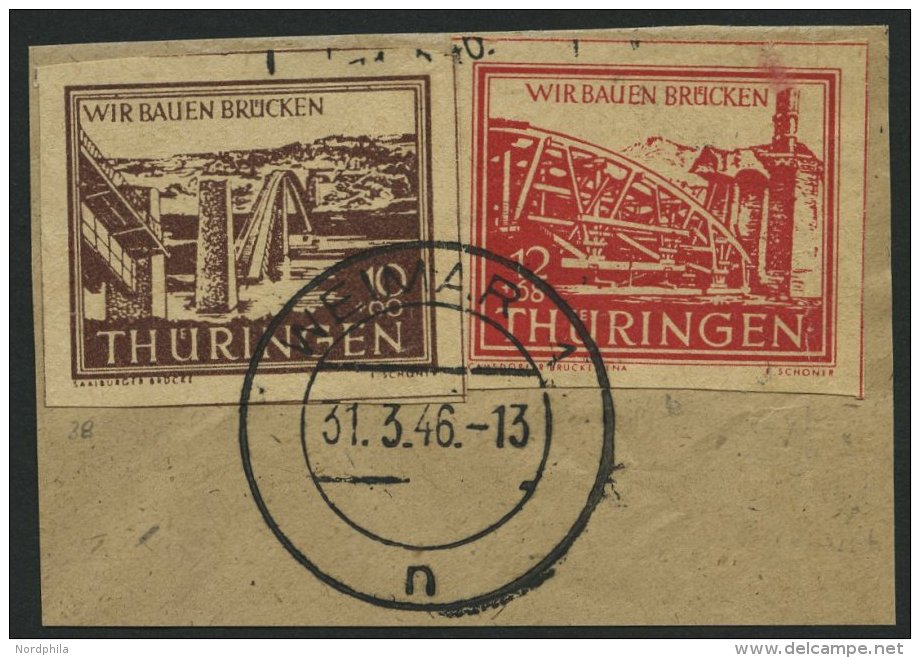 THÜRINGEN 113by BrfStk, 1946, 12 Pf. Rot Wiederaufbau, Mit Nr. 112y Auf Briefstück, Feinst, Gepr. Schulz, Mi. - Other & Unclassified