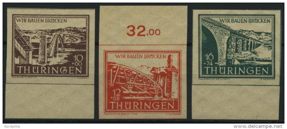 THÜRINGEN 112-14yy **, 1946, 10 - 16 Pf. Wiederaufbau, Dünnes Papier, 3 Prachtwerte, Mi. 180.- - Autres & Non Classés