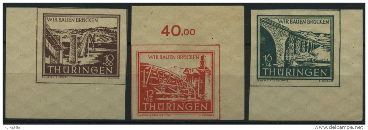 THÜRINGEN 112-14yy **, 1946, 10 - 16 Pf. Wiederaufbau, Dünnes Papier, Je Aus Der Bogenecke, 3 Prachtwerte, Gep - Autres & Non Classés