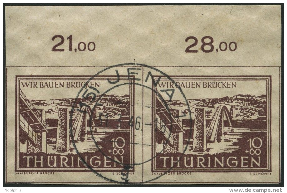 THÜRINGEN 112yI O, 1946, 10 Pf. Wiederaufbau Mit Abart Springbrunnen über Wertangabe (Feld 3), Im Oberrandpaar - Autres & Non Classés