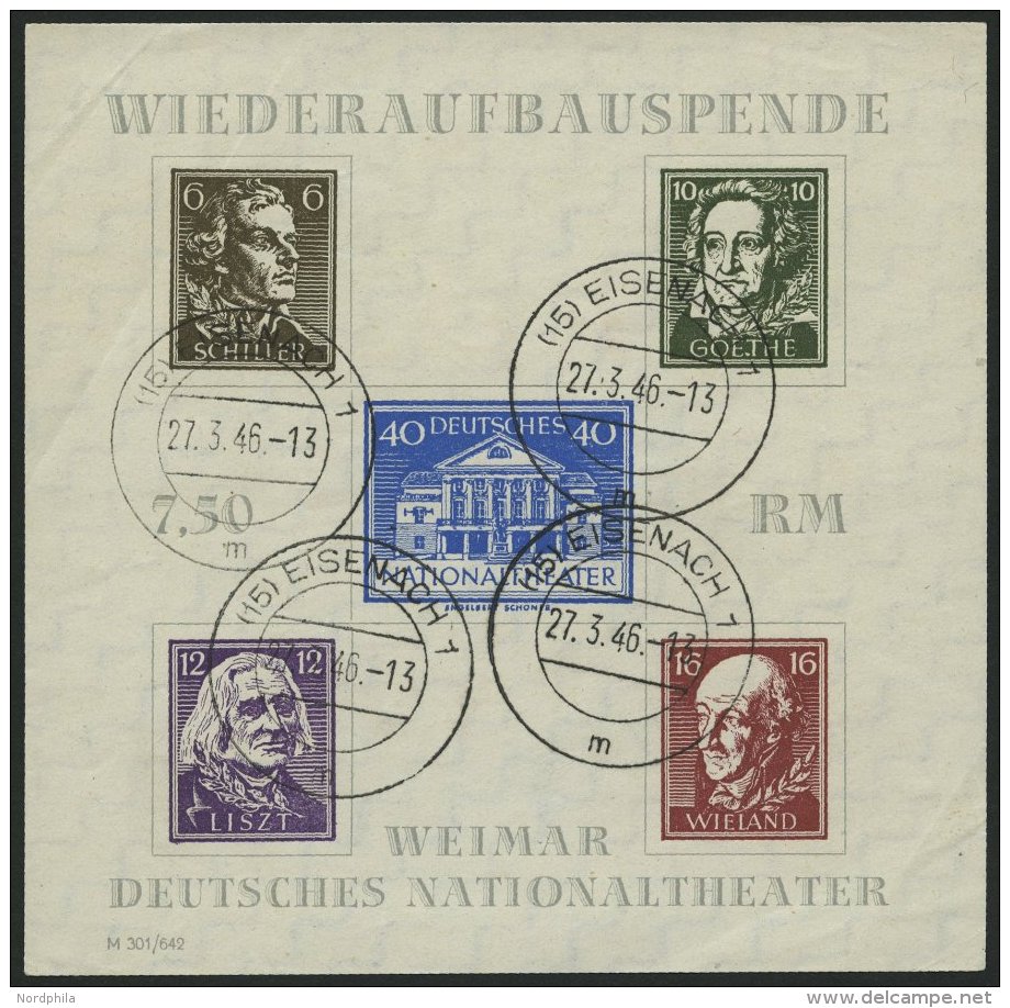 THÜRINGEN Bl. 3APFIV O, 1946, Block Nationaltheater, Ungezähnt, Mit Plattenfehler Punkt Hinter Erstem E Im Goe - Autres & Non Classés