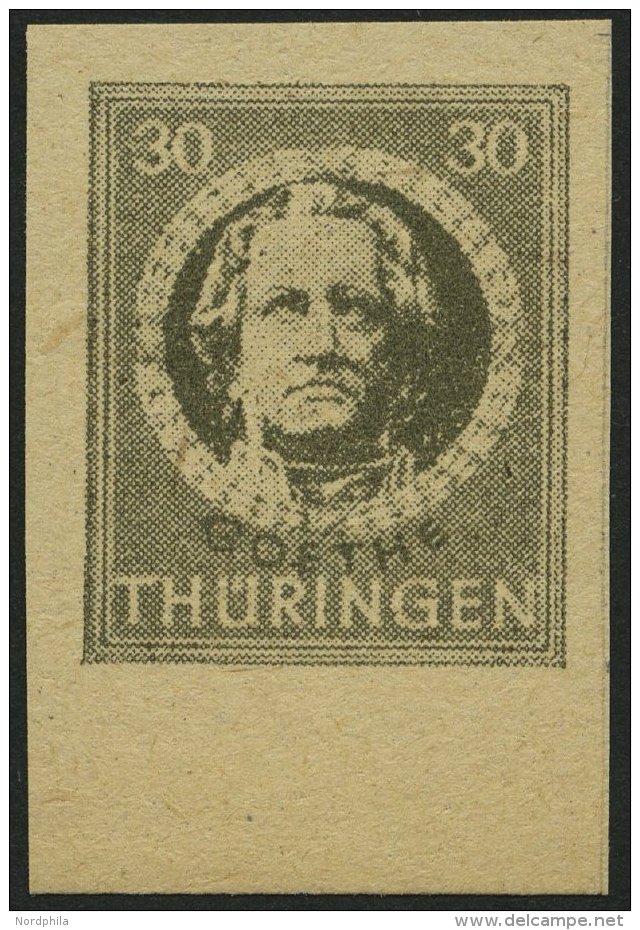 THÜRINGEN 99BXaw **, 1945, 30 Pf. Olivgrau, Ungezähnt, Vollgummierung, Dickes Papier, Pracht, Attestkopie Str& - Autres & Non Classés