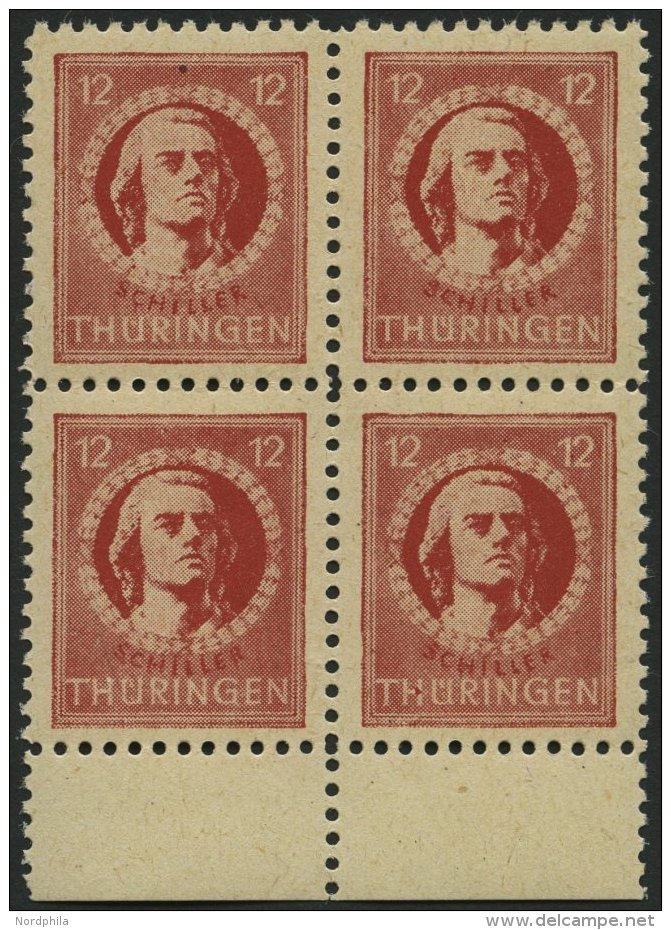 THÜRINGEN 97bt VB **, 1945, 12 Pf. Dunkelbräunlichrot, Gelblichgraues Papier, Im Randviererblock, Pracht, Gepr - Autres & Non Classés