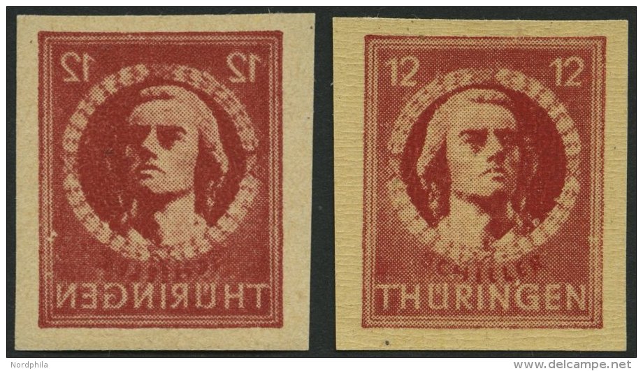 THÜRINGEN 97AXbp1UG **, 1945, 12 Pf. Dunkelbräunlichrot, Vollgummierung, Dickes Papier, Steigende Papierstreif - Altri & Non Classificati