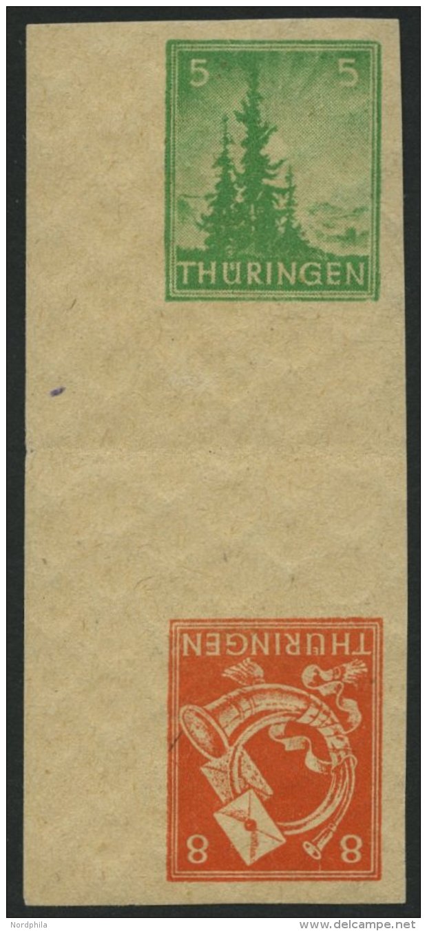 THÜRINGEN 94/6SKZU **, 1945, 5 Pf. Gelblichgrün Und 8 Pf. Rotorange Im Senkrechten Kehrdruckpaar Mit Zwischens - Autres & Non Classés