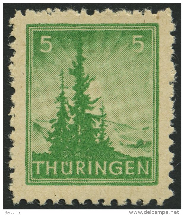 THÜRINGEN 94AYbz1 **, 1945, 5 Pf. Dunkelsmaragdgrün, Spargummierung, Dickes Papier, Steigende Papierstreifung, - Autres & Non Classés