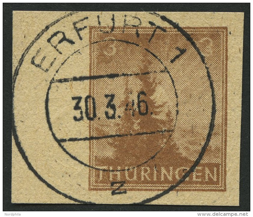 THÜRINGEN 92AYz2U O, 1946, 3 Pf. Orangebraun, Spargummierung, Dickes Papier, Fallende Papierstreifung, Ungezäh - Autres & Non Classés