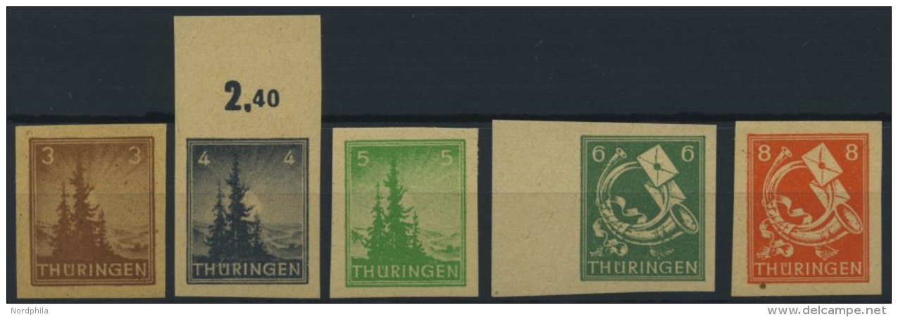 THÜRINGEN 92-97AXU **, 1945, 3 - 12 Pf. Freimarken, Vollgummierung, Ungezähnt, 5 Prachtwerte, Mi. 340.- - Autres & Non Classés