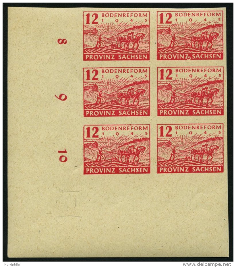 PROVINZ SACHSEN 86II **, 1945, 12 Pf. Bodenreform Mit Abart Herz Bei Z Von Provinz, Im Neunerblock Aus Der Linken Untere - Autres & Non Classés