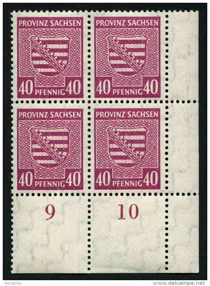 PROVINZ SACHSEN 84Xa VB **, 1945, 40 Pf. Dunkellilarosa, Wz. 1X, Im Unteren Rechten Eckrandviererblock, Dabei Plattenfeh - Autres & Non Classés