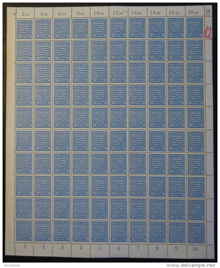 PROVINZ SACHSEN 81Y **, 1945, 20 Pf. Hellblau, Wz. 1Y, Im Bogen (100), Dabei Die Abarten: 81YI, 81YII Und 81YIII, Pracht - Autres & Non Classés