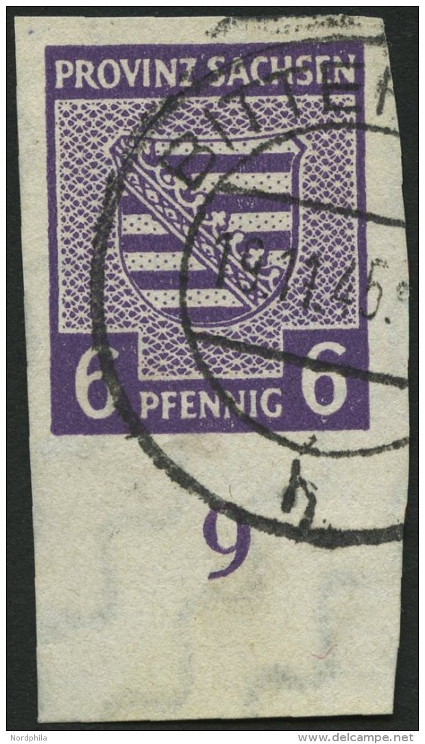 PROVINZ SACHSEN 69Xc O, 1945, 6 Pf. Dunkelgrauviolett, Wz. 1X, Unterrandstück, Pracht, Gepr. Ströh, Mi. (120.- - Autres & Non Classés