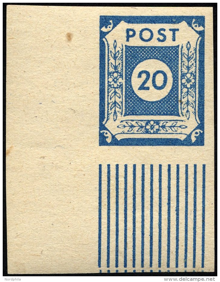 OST-SACHSEN 54b *, 1945, 20 Pf. Lebhaftpreußischblau Aus Der Unteren Linken Bogenecke, Falzrest, Pracht, Fotoattes - Autres & Non Classés